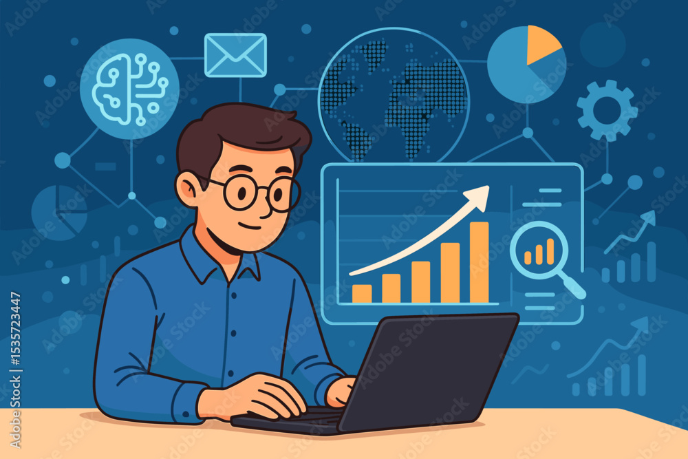 Digital marketing strategy concept with man at laptop. Business analyst working with data, charts, and AI for growth. SEO optimization, global market analysis, financial report. Digital marketing strategy concept with man at laptop. Business analyst working with data, charts, and AI for growth. SEO optimization, global market analysis, financial report.