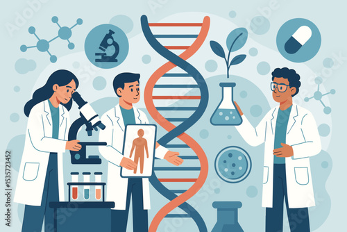 Genetic research laboratory. Team of scientists. Concept DNA engineering. Biotechnology innovation. Medical analysis. Gene therapy. Pharmaceutical development. Biology experiment. Vector.