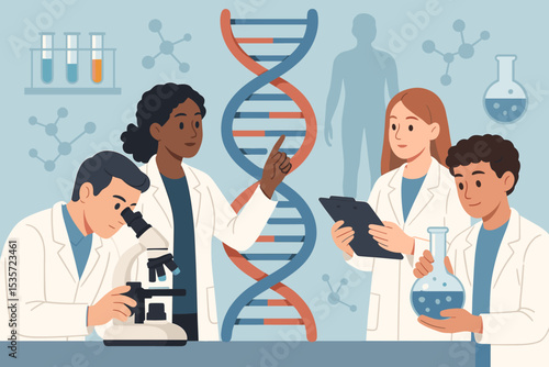 Genetic research laboratory concept. Diverse team of scientists analyzing DNA helix and working with a microscope. Biotechnology, medicine, and human genome science vector illustration.
