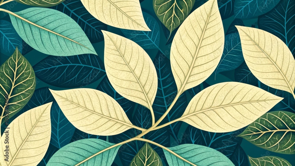 Fototapeta premium Tropical Leaf Composition Teal and Beige Botanical Illustration, Leaf Pattern, Nature Art Tropical Leaves, Botanical Illustration