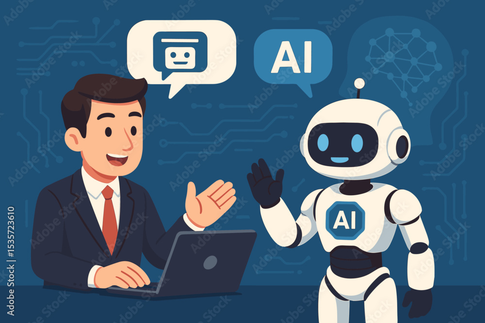 AI robot assistant communicating with a businessman. Human and chatbot interaction concept. Artificial intelligence for business automation, customer service, and support. Flat vector. AI robot assistant communicating with a businessman. Human and chatbot interaction concept. Artificial intelligence for business automation, customer service, and support. Flat vector.