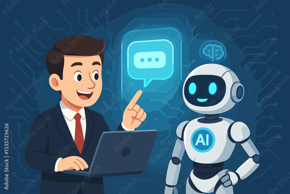 Businessman with laptop communicates with AI robot chatbot. Concept of artificial intelligence in business, customer service, and support. Future technology and automation vector. Businessman with laptop communicates with AI robot chatbot. Concept of artificial intelligence in business, customer service, and support. Future technology and automation vector.