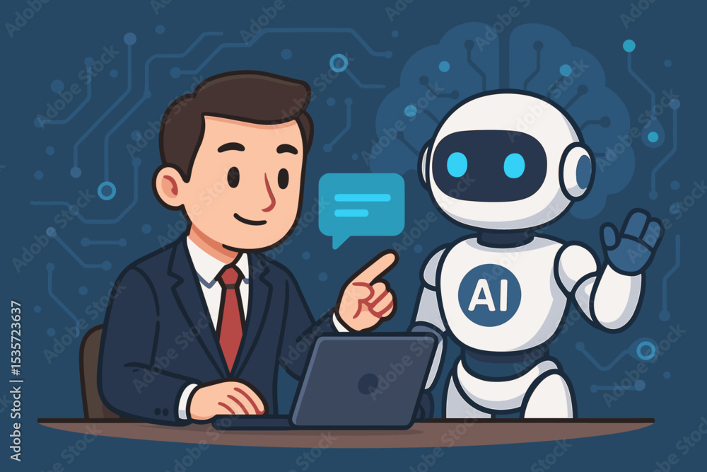 Businessman and AI robot interaction. Human working with virtual assistant chatbot on laptop. Concept of future business technology, automation, support and innovation. Businessman and AI robot interaction. Human working with virtual assistant chatbot on laptop. Concept of future business technology, automation, support and innovation.