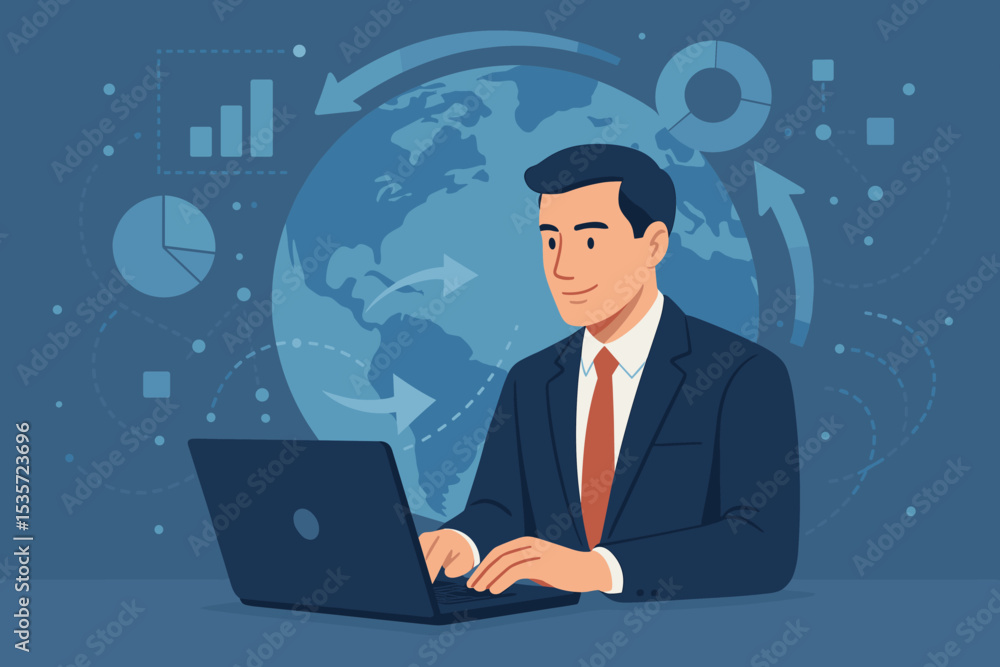 Businessman working on laptop analyzing global data for international business. Concept of finance analytics, market research, and corporate strategy. World map with charts and graphs. Businessman working on laptop analyzing global data for international business. Concept of finance analytics, market research, and corporate strategy. World map with charts and graphs.