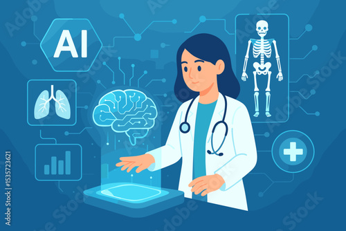 AI in healthcare concept. Female doctor using futuristic holographic interface for medical diagnosis. Artificial intelligence technology for health data analysis of brain, lungs, skeleton.