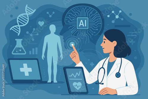 AI in healthcare concept with doctor using futuristic technology. Artificial intelligence for medical innovation, patient data analysis, diagnosis, and DNA research. Future of medicine.