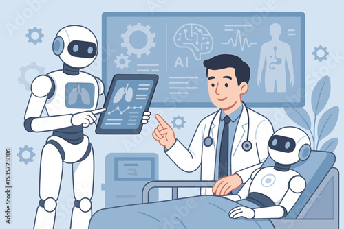 AI in healthcare concept with doctor and robot assistant. Futuristic medicine and technology innovation. Artificial intelligence analyzes patient medical data for diagnosis in hospital.
