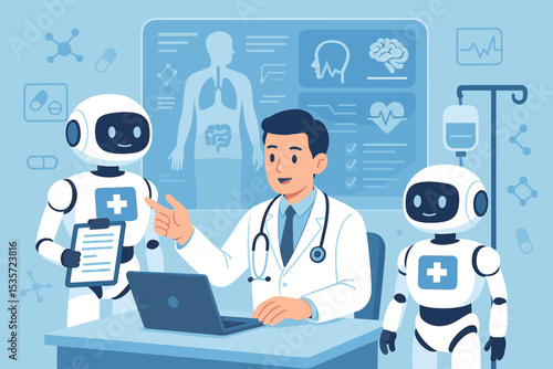 Doctor and AI robots collaborating in futuristic clinic. Artificial intelligence in healthcare, medical innovation, robotic assistance, digital diagnostics, and machine learning concept.