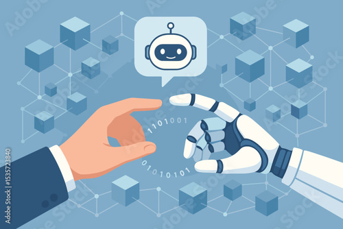 Artificial Intelligence and human collaboration concept. Businessman hand interacts with robot cyborg arm. Future of technology, innovation, automation, machine learning, chatbot.