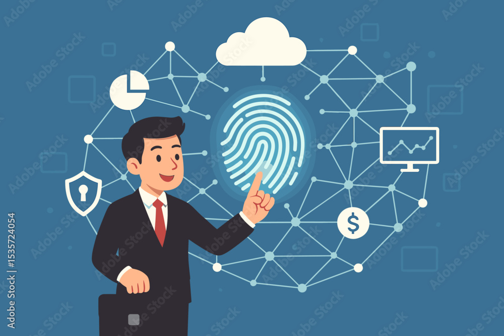 Businessman using fingerprint for secure cloud access. Concept of biometric authentication, cybersecurity, data protection, network security, and digital identity management. Businessman using fingerprint for secure cloud access. Concept of biometric authentication, cybersecurity, data protection, network security, and digital identity management.
