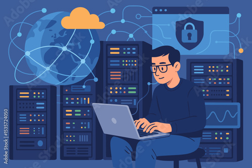 IT administrator working on a laptop in a data center. Concept of network security, cloud computing, database management, server room maintenance, and global information technology.
