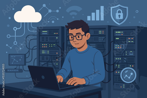 IT specialist working in data center server room. Man engineer with laptop managing cloud computing, network security, and data storage. System administrator at work concept vector.
