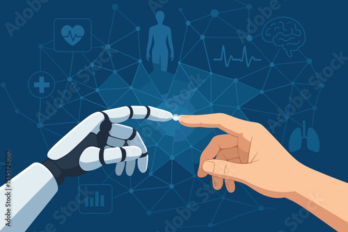 AI in healthcare concept. Robot and human hands touching. Future of medicine, medical technology, digital health, and artificial intelligence for diagnosis. Connection and innovation.