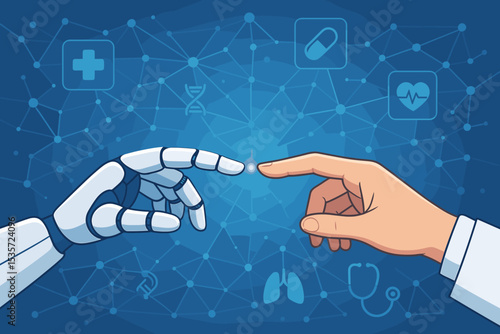 Artificial intelligence in healthcare. Robot and doctor hands connecting, future of medicine concept. AI for medical diagnosis, digital health innovation and technology network.