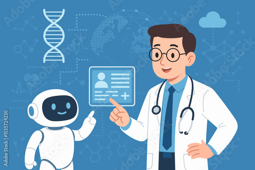 Artificial intelligence in medicine concept. Doctor and AI robot assistant analyze digital patient data. Futuristic healthcare technology, genetic research, DNA, cloud computing, EMR.