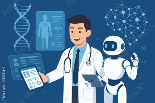 AI in healthcare concept with doctor and robot. Artificial intelligence for medical innovation, diagnostics, and patient data analysis. Future of medicine with advanced technology.