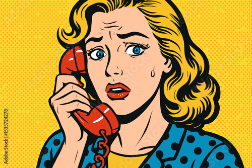 Worried woman on the phone in pop art style. Scared girl receiving bad news. Shocked facial expression in retro comic vector illustration. Vintage communication concept art.