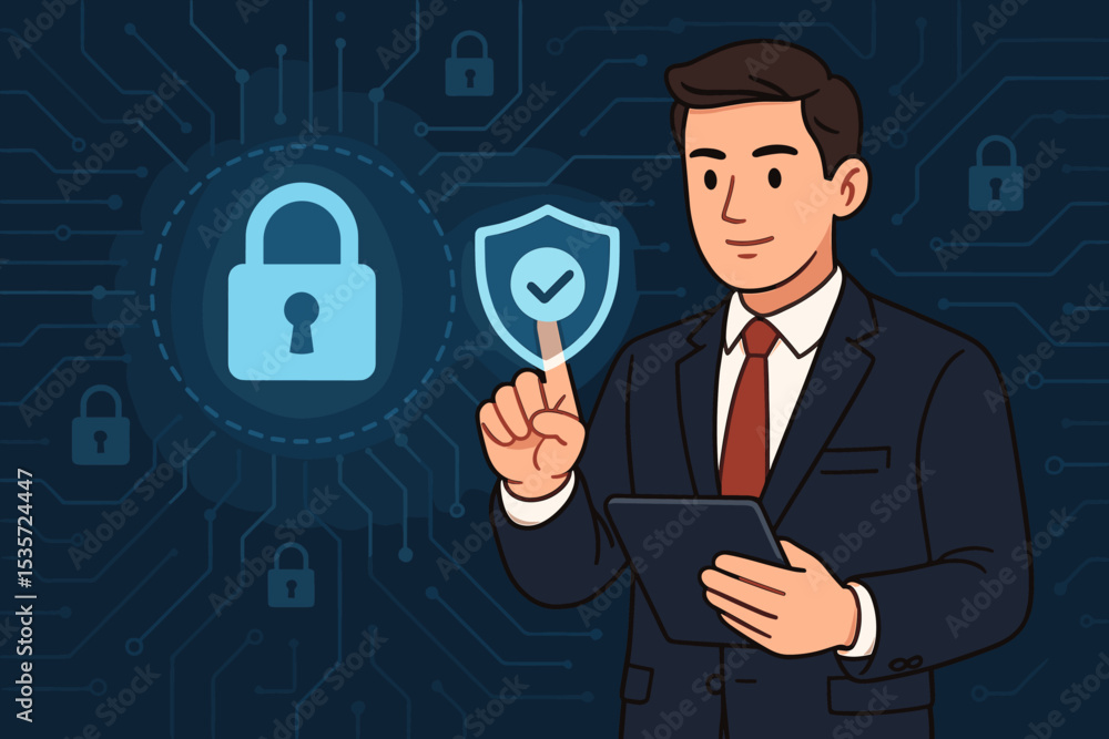 Businessman touching digital security shield icon. Cybersecurity and data protection concept. IT specialist managing network safety with padlock and firewall on a circuit background. Businessman touching digital security shield icon. Cybersecurity and data protection concept. IT specialist managing network safety with padlock and firewall on a circuit background.