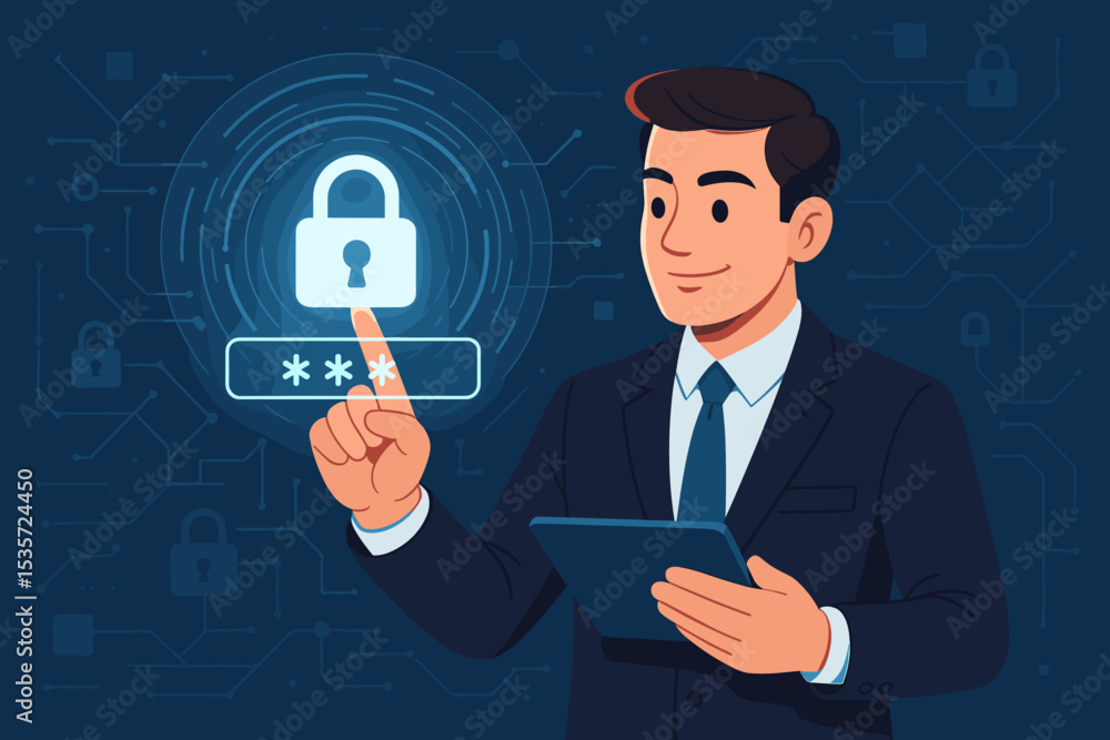 Cybersecurity and data protection concept. Businessman with a tablet entering a password on a futuristic digital interface. Secure login, online privacy, network access, and authentication. Cybersecurity and data protection concept. Businessman with a tablet entering a password on a futuristic digital interface. Secure login, online privacy, network access, and authentication.