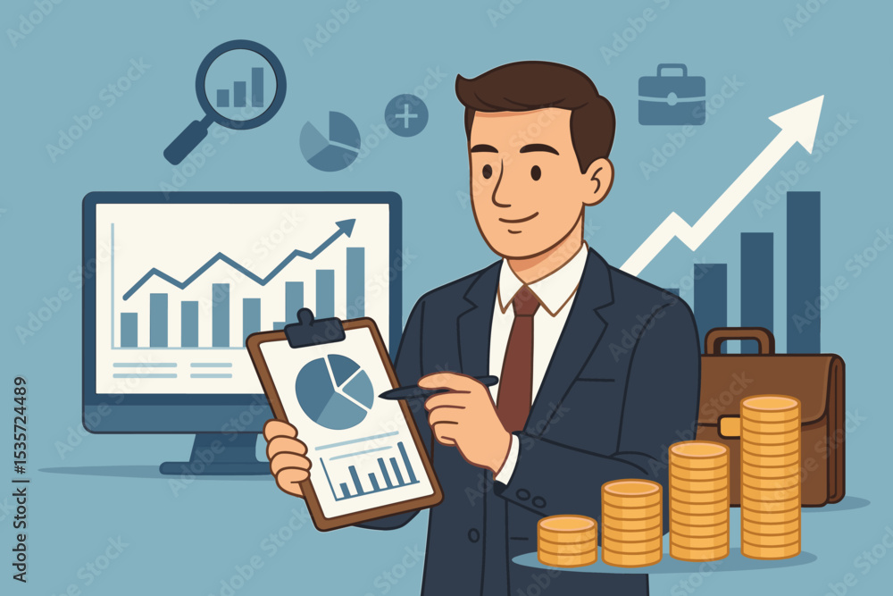Investment strategy analysis concept. Financial advisor or businessman with clipboard, charts, and graphs. Stock market growth, data research, and profit report for presentation. Investment strategy analysis concept. Financial advisor or businessman with clipboard, charts, and graphs. Stock market growth, data research, and profit report for presentation.