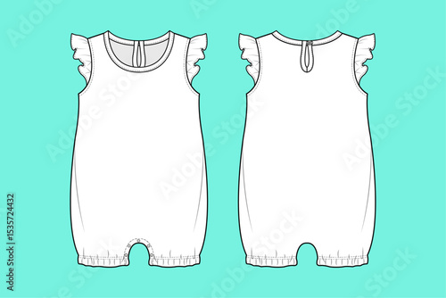 Infant Toddler Baby girls frill sleeve Romper technical drawing fashion flat sketch vector illustration template front and back views outline CAD mockup.