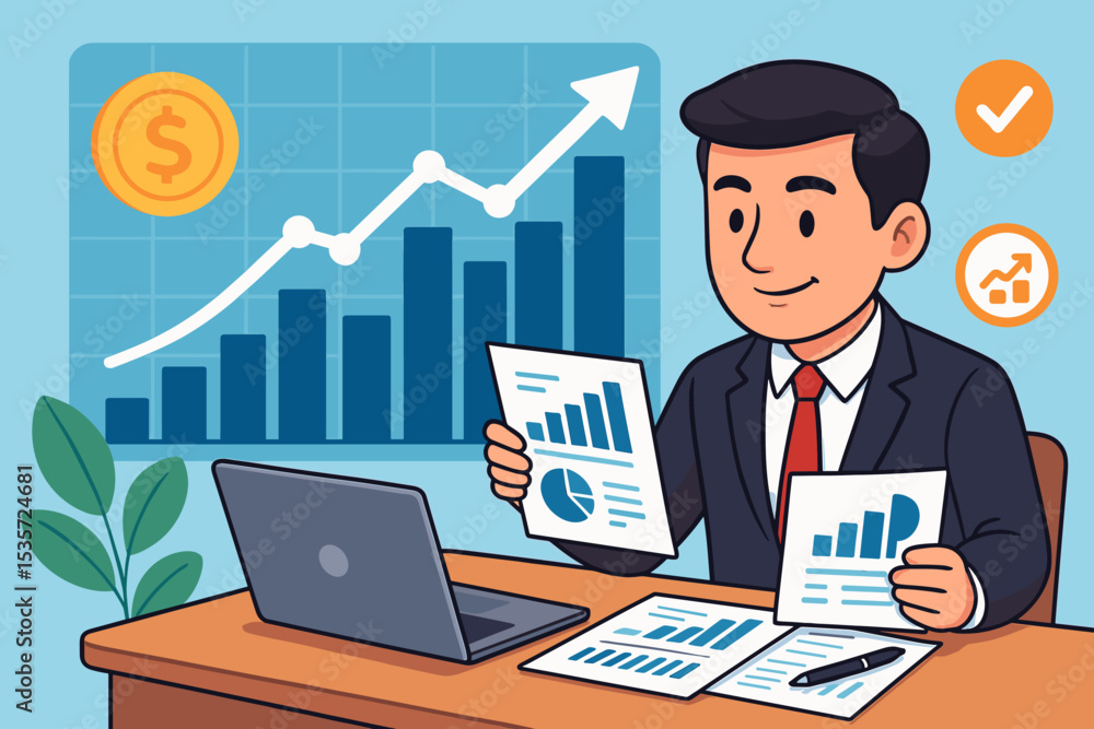 Financial analyst working on investment strategy and market analysis. Cartoon businessman at office desk with laptop and reports showing profit growth. Business success vector. Financial analyst working on investment strategy and market analysis. Cartoon businessman at office desk with laptop and reports showing profit growth. Business success vector.