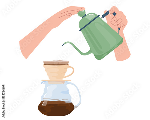 Hands pouring hot water from gooseneck kettle into coffee dripper Making pour over filter coffee rich aromatic espresso. Design element for cafe design, menu, banner, poster, print Vector illustration
