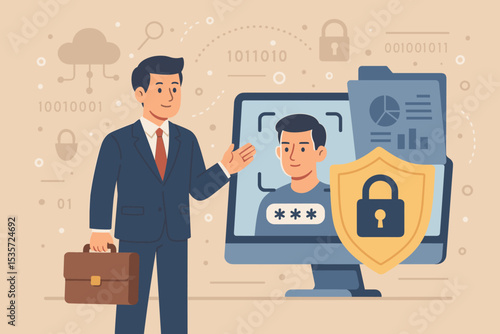 Biometric data security concept with businessman and facial recognition for authentication. Cybersecurity technology for online privacy protection with face scan ID, password, and shield.