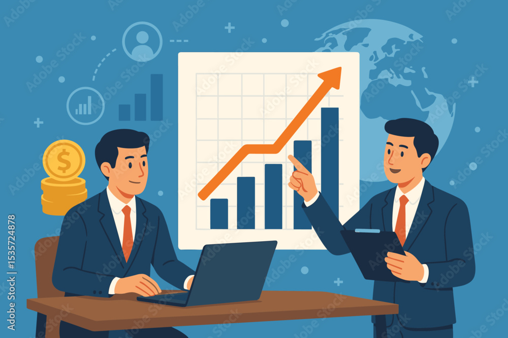 Businessmen team analyzing financial data on a rising graph. Concept of corporate success, marketing strategy, investment profit, and global business growth. Vector illustration. Businessmen team analyzing financial data on a rising graph. Concept of corporate success, marketing strategy, investment profit, and global business growth. Vector illustration.