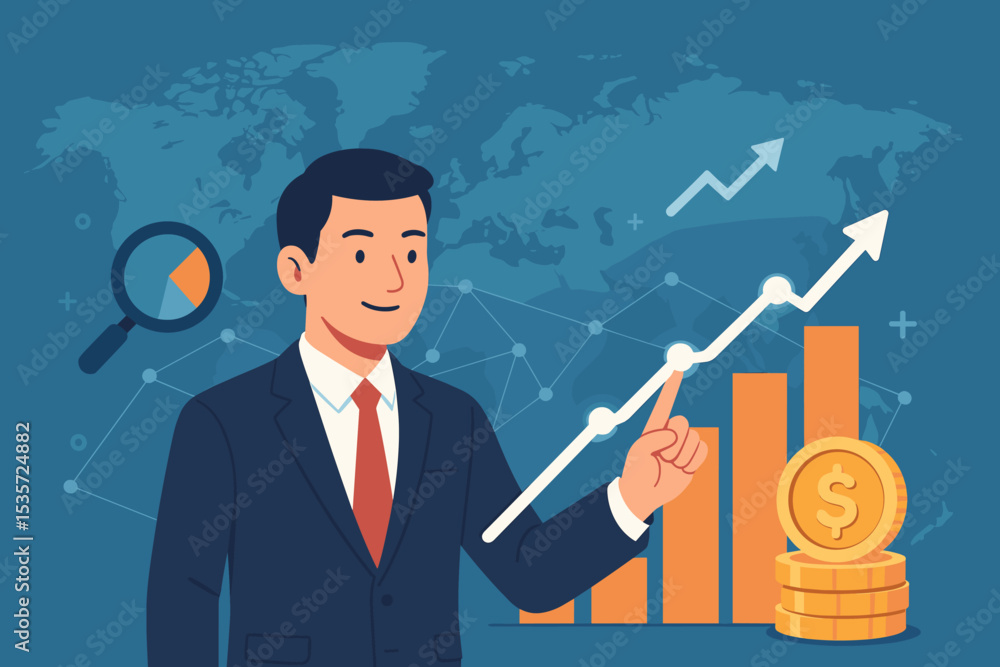 Financial advisor or investor analyzing global market data for profit. Business success and economic growth concept. Man pointing at rising chart. Stock market investment strategy. Financial advisor or investor analyzing global market data for profit. Business success and economic growth concept. Man pointing at rising chart. Stock market investment strategy.