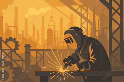 Industrial worker welder at work in a factory. Man in protective mask welding metal with bright sparks. Heavy industry, manufacturing, construction, metalworking concept vector.