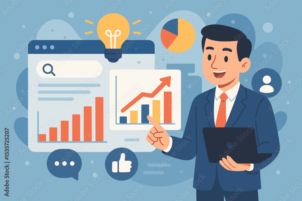 Business analytics strategy, data-driven growth, financial success, digital marketing research, bar chart, upward graph, businessman laptop, innovation, leadership, corporate report Business analytics strategy, data-driven growth, financial success, digital marketing research, bar chart, upward graph, businessman laptop, innovation, leadership, corporate report