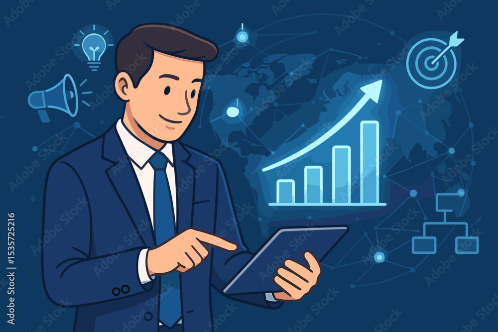 Businessman with tablet analyzes digital marketing strategy. Concept of business growth, data analytics, global market success. Vector cartoon with chart, target, idea, and promotion icons. Businessman with tablet analyzes digital marketing strategy. Concept of business growth, data analytics, global market success. Vector cartoon with chart, target, idea, and promotion icons.