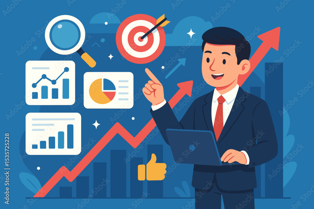 Businessman Analyzing Data Driven Strategy for Success, Growth Charts, Target Achievement, Analytics, Financial Report, Market Research, Digital Marketing, Laptop Presentation, Corporate Goals Businessman Analyzing Data Driven Strategy for Success, Growth Charts, Target Achievement, Analytics, Financial Report, Market Research, Digital Marketing, Laptop Presentation, Corporate Goals