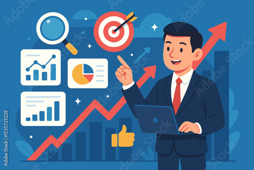 Businessman Analyzing Data Driven Strategy for Success, Growth Charts, Target Achievement, Analytics, Financial Report, Market Research, Digital Marketing, Laptop Presentation, Corporate Goals