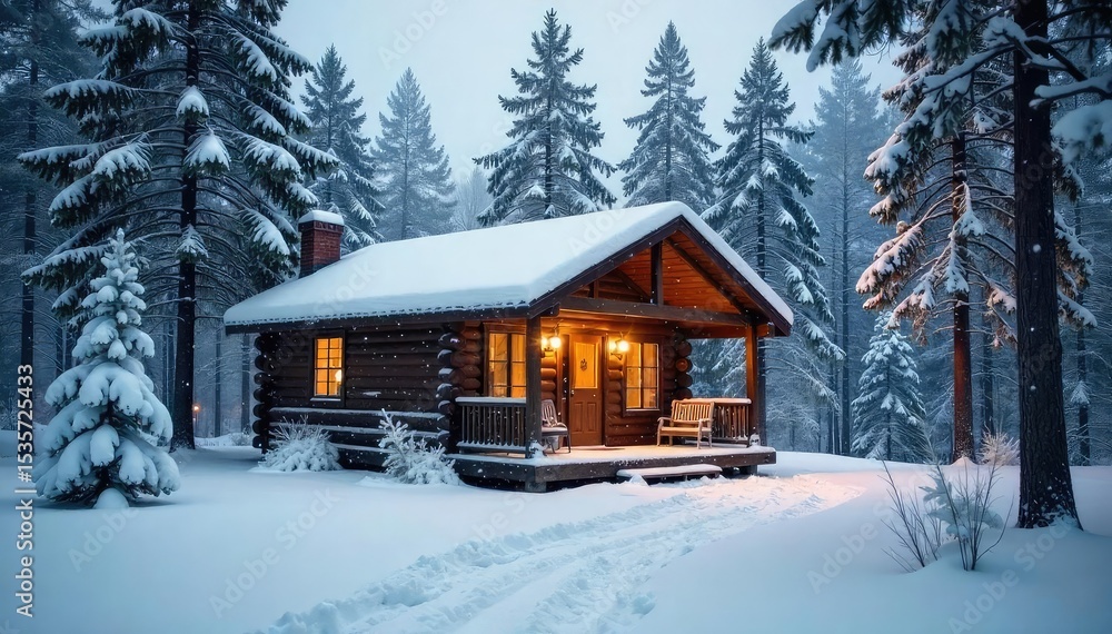 Naklejka premium A quiet, snow-covered cabin nestled amongst tall pines, perfect for a peaceful reserved holiday getaway Enjoy the serene winter wonderland and escape the hustle and bustle , forest, serene, snowy