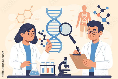 Scientists in Modern Genetic Research Laboratory Analyzing DNA Structure, Molecules, and Chemical Compounds with Microscope and Test Tubes, Human Genome Research, Biotechnology, Science Illustration
