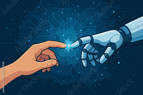 Human Touch Meets Artificial Intelligence Concept. Robot Hand and Human Finger Connection. Futuristic Digital Technology, Innovation, AI Collaboration, Science, Communication, Cyborg Interaction