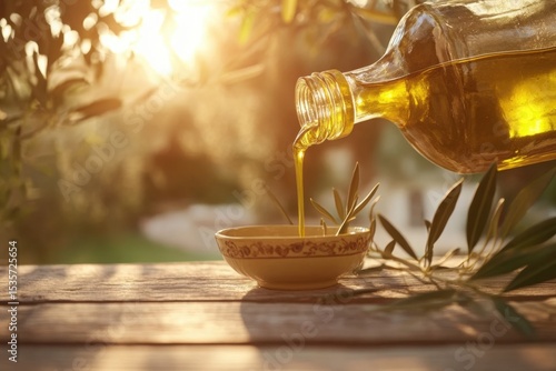Wallpaper Mural Golden olive oil pours into a small bowl under the warm light of sunset in a lush garden setting Torontodigital.ca