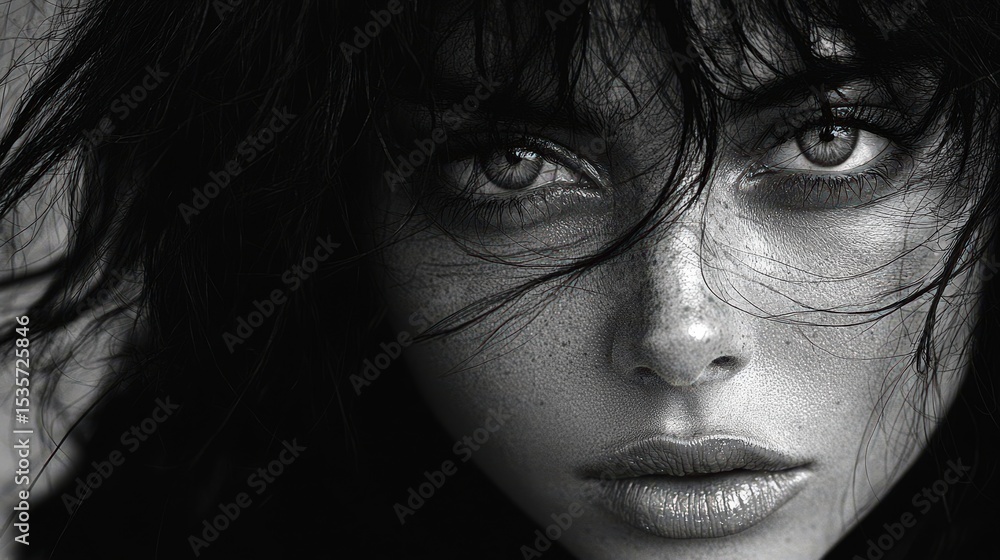 Intense gaze of a woman with freckles in blackandwhite portrait highlighting raw beauty and emotion Intense gaze of a woman with freckles in blackandwhite portrait highlighting raw beauty and emotion