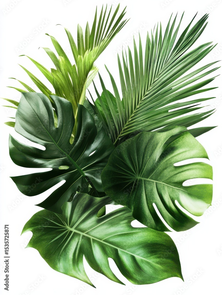 Fototapeta premium Lush green tropical foliage arrangement with monstera, palm, and banana leaves isolated on white background.