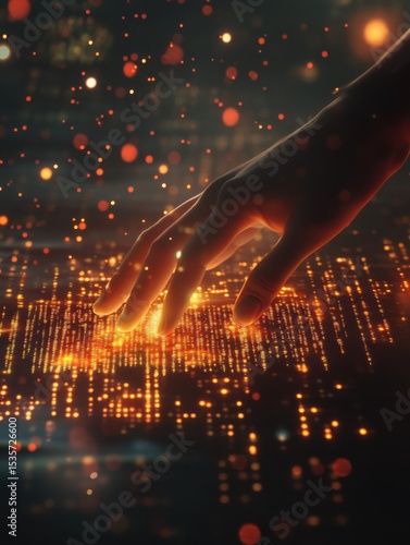 A hand hovers over a surface displaying glowing binary code and particles, illustrating the interaction between humans and digital technology in a modern, futuristic setting.
