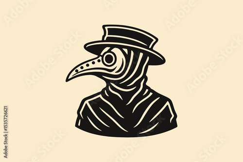 Plague doctor in cloak and hat, bold outline vector illustration