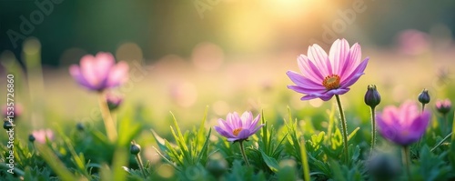 Ephemeral beauty of mist flowers clinging to a dewy morning meadow, sunlight filtering through delicate petals A stunning display of nature's artistry in soft, pastel hues , texture, flora