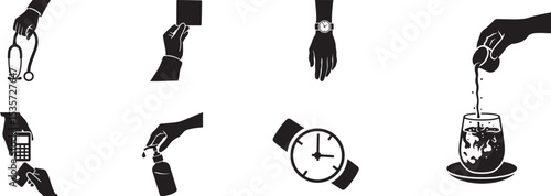 Everyday actions icon set black and white, People doing daily activities silhouette