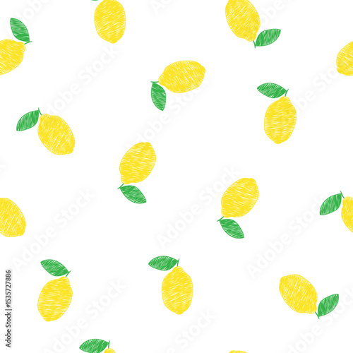 Hand drawn lemon on white background, vector seamless pattern. Design for fabric, gift wrapping paper, clothes, textile, surface textures, scrapbook. Vector illustration.