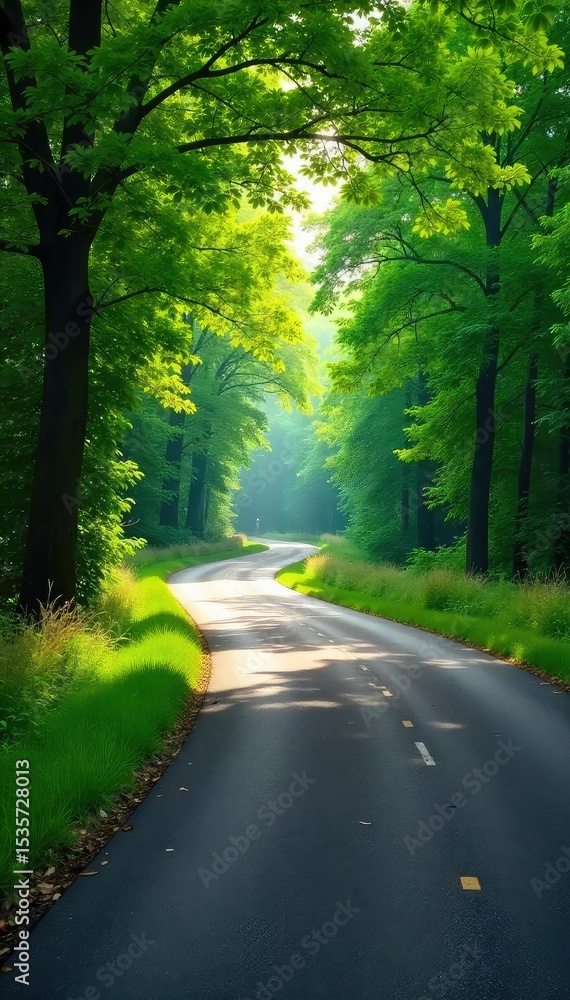 Fototapeta premium Serene winding road through lush green countryside, sunlight dappling through leaves, perfect for travel and nature themes , vibrant, rural