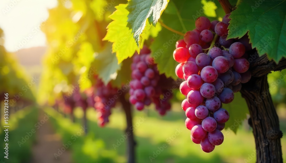 Fototapeta premium Sunlight streams through leaves onto ripe bunches of grapes hanging heavy on a vine, ready for harvest The scene showcases the abundance of a successful growing season , red, nature, growth