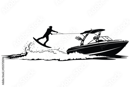 Wakeboarding Behind Speedboat Silhouette – Water Sports Action Scene Vector Illustration

