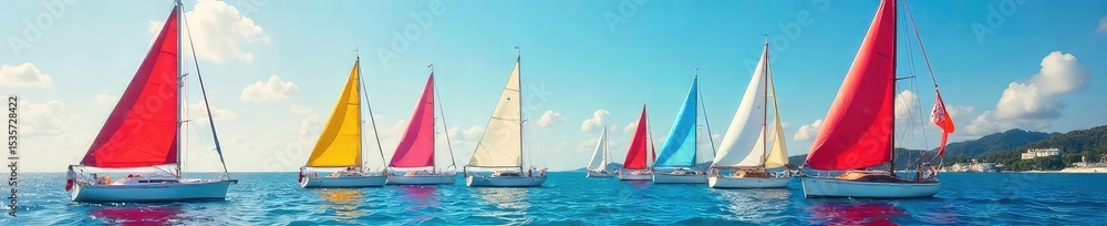 Fototapeta premium Vibrant sailboats with brightly colored sails catch the wind on a sunny day Perfect for travel, summer, and nautical themes , sky, adventure